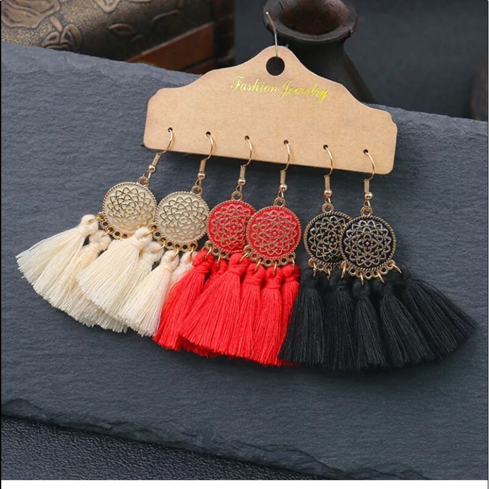 3 Boho Tassel  Dangle Hoop Earrings